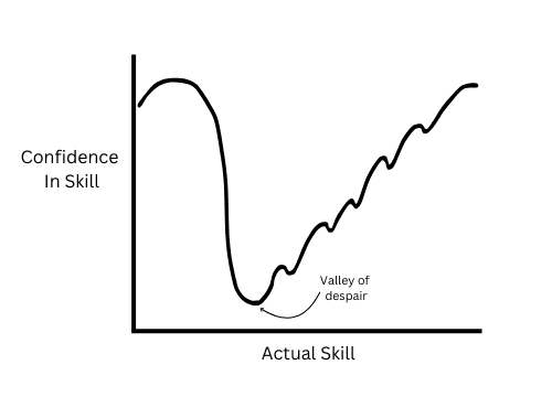 A graph describing the valley of despair people face when learning